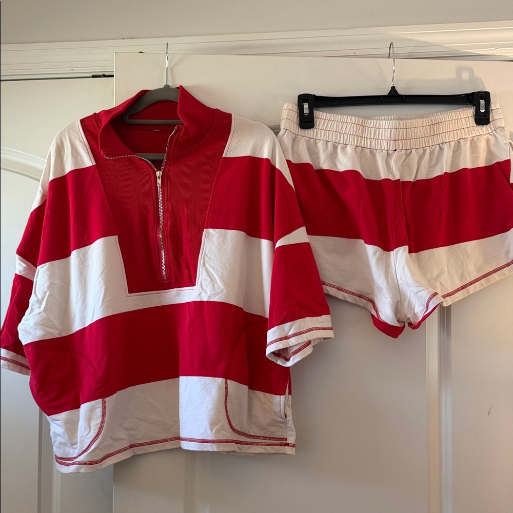 Red and White Striped Pullover and Shorts Set